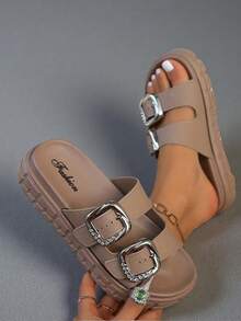 FZY New 2026 Women's Outdoor Sports Sandals, Stylish And Multifunctional, With A Simple Wedge Heel Design, Lightweight And Comfortable, Double-Strap Buckle Platform Women's Sandals, A Pair Of Slippers That Can Be Worn At Home Or Outdoors, A Must-Have Flat Sandal For Valentine's Day At Home, And A Women's Casual Everyday Wear Platform Sandal. - 卡其色 - 查看 3