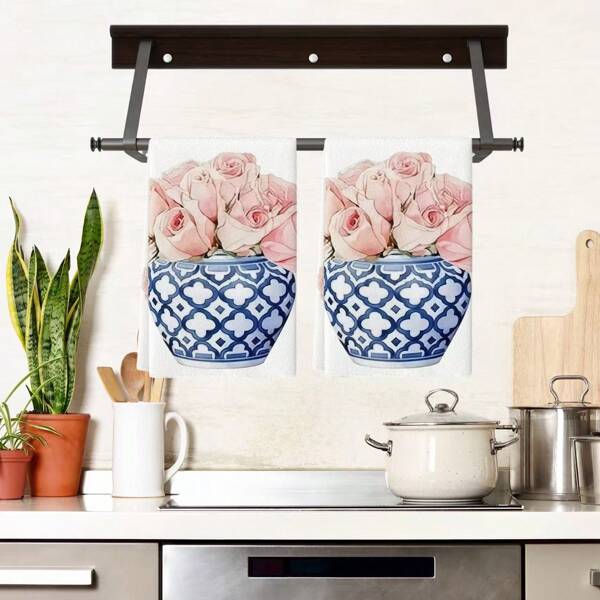 2pcs Vintage Floral Dish Towels Blue Ginger Jar Kitchen Cloths, Polyester Hand Towels With Flowers Pattern, Super Soft Woven Dishcloths, Machine Washable, Ideal For Holiday Gifts & Home Decor.