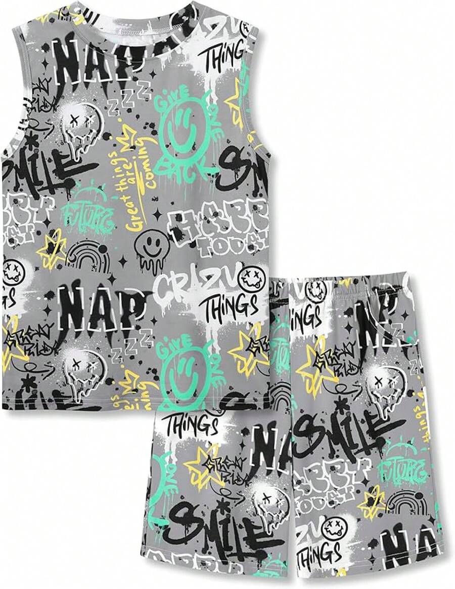 Little & Big Boys 2-Piece Cozy Summer Pajamas Black Gamer Tank Top & Shorts Cool PJ Kid Set Size 6-18 - Gray Graffiti - View 1