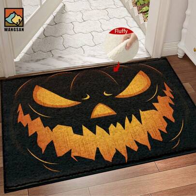 1 pièce Tapis antidérapant de salle de bain à motif de visage effrayant de citrouille d'Halloween, en matériau de cachemire artificiel, avec une décoration moelleuse, convient pour les portes, les salles de bain, les cuisines et autres occasions, lavage en machine, antidérapant, décoration quotidienne, peut être offert en cadeau