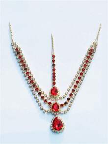 Boho Style Shiny Red Crystal Water Drop Chain Headband - Red - View 4