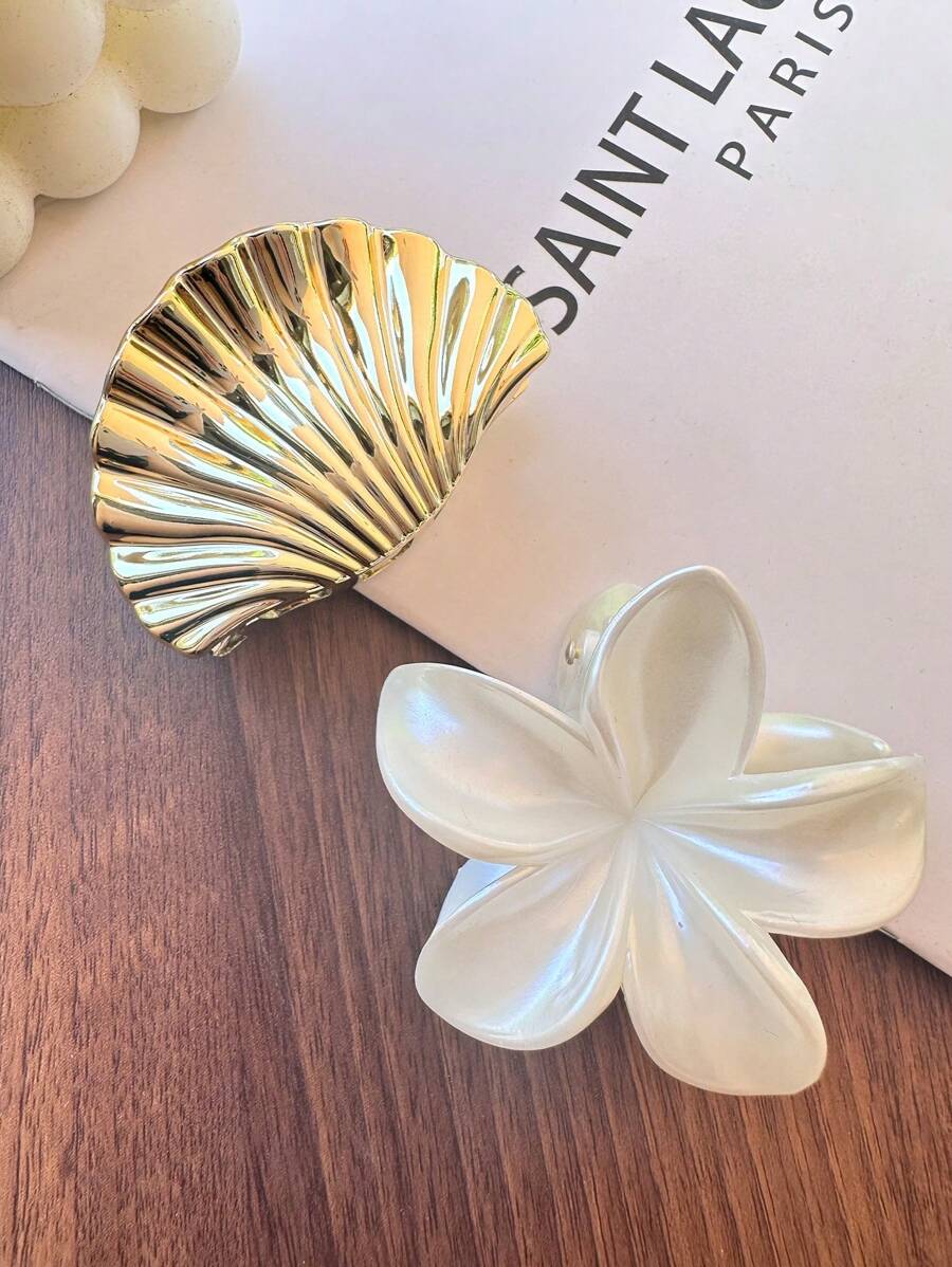 2pcs Elegant Acrylic Flower & Shell Hair Clips Ornaments, Versatile Decorative Accessories For Updo, Ponytail Hairstyle, Suitable For Daily Wear, Back To School, Claw Clip Fall Winter Hair Accessories For Women For Vacation Outfits Woman