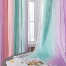 1 pièce Rideau pour chambre de filles noir et rose, rideau de décoration de chambre, rideau arc-en-ciel pour chambre d'enfant, rideau occultant pour chambre de petite fille, sticker mural licorne, rideau rose à double couche avec étoiles ajourées, rideau de style Ins romantique en dentelle de princesse