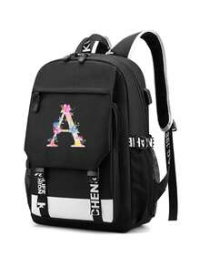 1 件带充电端口的字母图案印花功能性尼龙背包，男女皆宜，适合高中生和大学生、旅行和度假使用（字母从 A 到 Z）