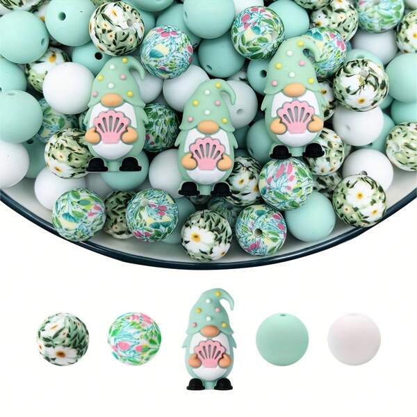 6/25pcs Silicone Beads Assortment - Pastel Beach Gnome & Floral Design Craft Beads For Jewelry Making, DIY Bracelets, Necklaces, Keychains - Durable Smooth Texture Beads With Shell & Daisy Patterns, Whimsical Handmade Craft Supplies, Findings For Jewelry Making, Keychain Accessories, Playful Bead Designs