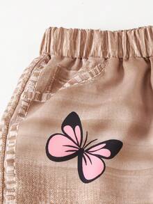 Tween 女童休闲通勤牛仔效果蝴蝶印花裤，春夏 - 卡其色 - 查看 3