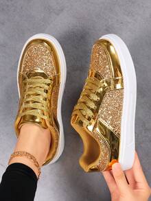 Women Casual Sports Shoes, Fashion Glitter Shoes, Flat Sneakers, Lace-Up Trainers, Lightweight Breathable Flats - Gold - View 2