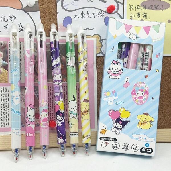 Sanrio 6 piezas Bolígrafo de gel Sanrio, Bolígrafo borrable, Lindo, Borrador Mo Yi, Corrige la postura, Bolígrafo de clic, Empaque de caja azul cristal, Para útiles escolares, Vuelta a clases