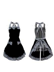 1pc Adjustable Neck Plaid Bow Floral Ruffled Apron - Black - View 10