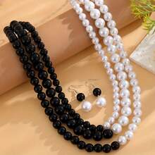 1 件优雅黑白仿珍珠项链，分层设计，时尚手工串珠项链，适合女士 - 紅白拼色 - 查看 3