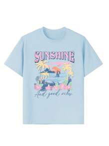 1 pieza Camiseta de cuello redondo de manga corta estampada de colores casual para niñas, ropa de verano para estudiantes y jóvenes - Estampados vibrantes que inspiran la imaginación y la autoexpresión