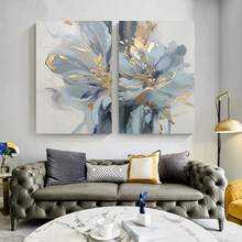 2 piezas Pintura en lienzo con estampado de flores abstracto moderno y lujoso en azul claro y dorado, póster de flores abstractas para decoración de sala de estar, dormitorio y estudio, sin marco - Azul - Ver 8