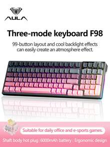 AULA F98 Three-Mode Mechanical Keyboard, 99-Key Arrangement, 19 Kinds Of RGB Lighting Effects, Shaft Body Hot-Swappable, Compatible With Windows, IOS And Systems, Large Battery Capacity, Suitable For Daily Office And E-Sports Games, And Can Be Connected To Notebooks/Computers And Other Devices.