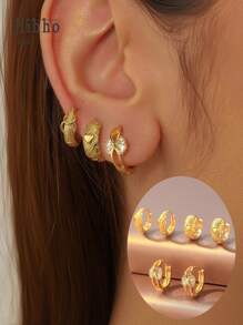 Hihho Set de 6 piezas de pendientes de aro con textura dorada y zirconia brillante, pendientes de perla, set de pendientes de cobre enchapado, adecuado para múltiples perforaciones