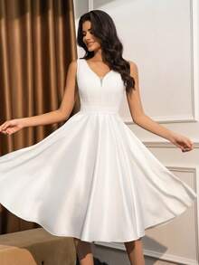 女士新娘礼物派对礼服，蕾丝无袖V领拼接缎面中长款优雅晚礼服，情人节 - 白色 - 查看 7