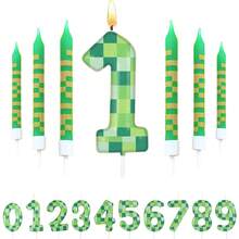 Green Pixel Candles For Birthday Party Cake Decor, Suitable For Pixel Theme Birthday Party, Anniversary Party, Video Game Theme Party, 0-9 Number Candles, Birthday Party Decorations, Cake Top Number Candles - World-new - View 1
