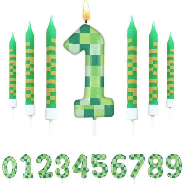 Green Candle Birthday Party Decoration Cake Topper For Pixel Theme Birthday Party Anniversary Part Party Video Game Party ,0-9 Number Candle For Birthday Party Decoration, Number Candle For Cake Top