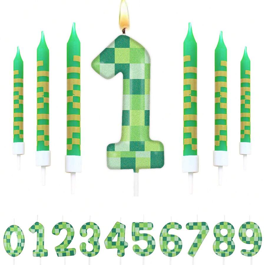 Green Pixel Candles For Birthday Party Cake Decor, Suitable For Pixel Theme Birthday Party, Anniversary Party, Video Game Theme Party, 0-9 Number Candles, Birthday Party Decorations, Cake Top Number Candles - World-new - View 1