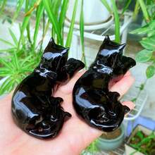 1 件天然黑曜石斜倚猫、石英猫、水晶动物饰品、石英雕刻、男女礼物、水晶疗愈、手工制作（尺寸可能有 1-3 毫米差异） - 黑色 - 查看 5