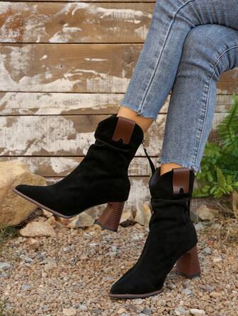 Fall/Winter 1 Pair Sexy Women's Short Boots, Fashionable & Comfortable Zipper Back Ankle Boots, Chunky Heel Pointed Toe Dress Boots, Retro Suede Party Boots,High Heels