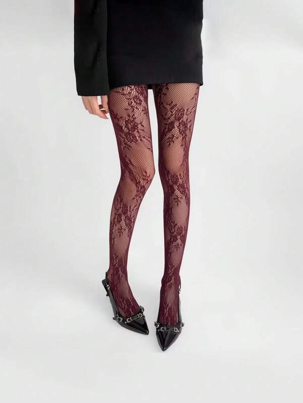 1 st - 5 kleuren nieuwe Franse kant panty's, waaronder zwart, wit, wijnrood, visnetkousen, sexy retro holle bloemen visnetkousen, sexy zwarte doorschijnende mesh panty's