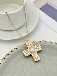 1 pieza Collar colgante de metal con cruz y decoración de perla falsa estilo vintage minimalista, accesorio de regalo para mujer para uso diario, fiesta y festival