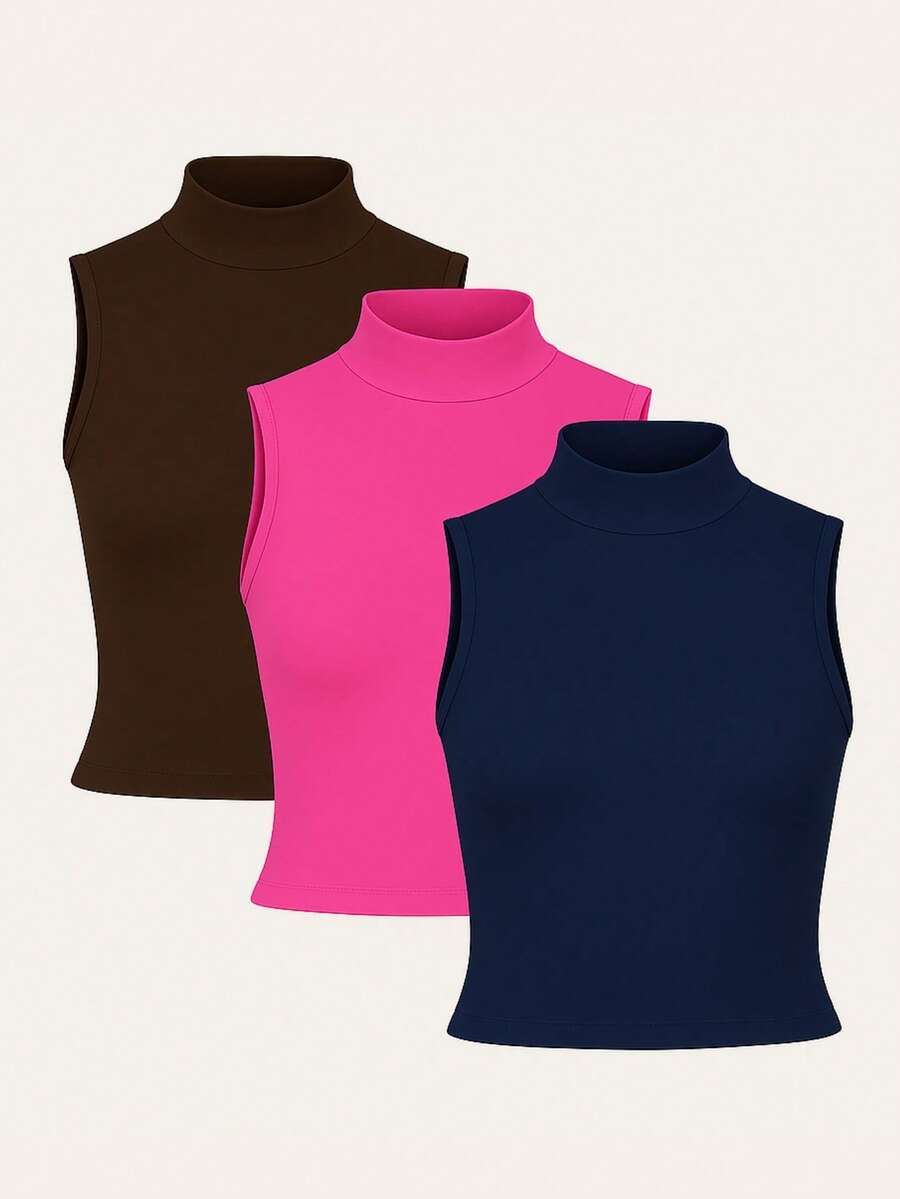 Kit 3 High Neck Blouse Suplex Basic Women's Casual Tank Top - 海軍藍/棕色/粉紅色 - 查看 1