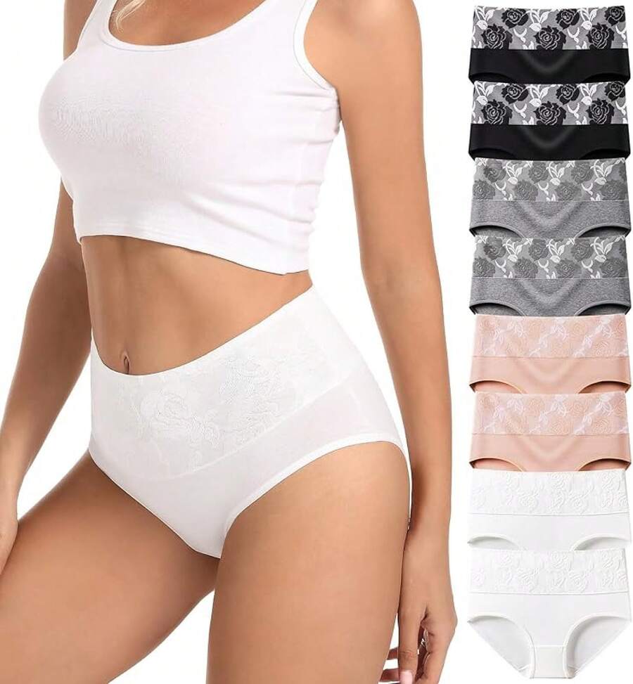 Women's Cotton High Waist Tummy Control Panties Jacquard Ladies Panty Multipack - Comfort - 簡訊 01 - 8 件裝 - 多種顏色 02 - 查看 1