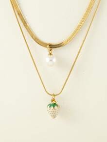 1 件不锈钢双层蛇骨项链，带树脂仿珍珠和水果吊饰（草莓、西瓜、樱桃），非常适合夏季郊游、海滩、情人节礼物和日常佩戴，适合所有场合