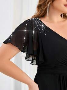 Plus Size Romantic Chiffon V-Neck Beaded Ruffle Sleeve Evening Dress, Black Bridesmaid Dress Suitable For Party, Summer Wedding Guest - Black - View 6