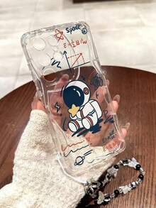 Cream Texture Wavy Edge Gloss Astronaut Printed Shockproof Phone Case With Handmade Beaded Bracelet Decor - Multicolor - View 2