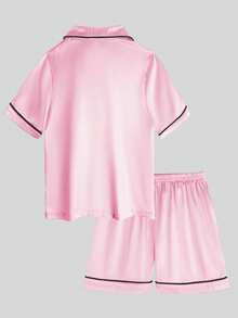 Tween Girl Light Pink Single-Breasted Short Sleeve Top And Shorts Pajama Set - Multicolor - View 3