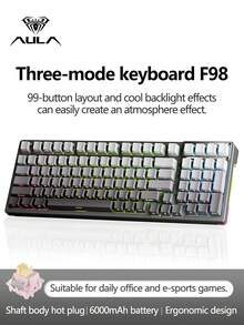 AULA F98 Three-Mode Mechanical Keyboard, 99-Key Arrangement, 19 Kinds Of RGB Lighting Effects, Shaft Body Hot-Swappable, Compatible With Windows, IOS And Systems, Large Battery Capacity, Suitable For Daily Office And E-Sports Games, And Can Be Connected To Notebooks/Computers And Other Devices.