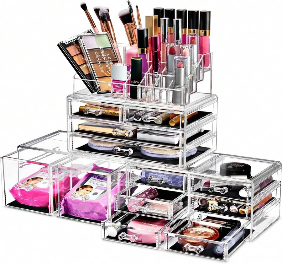 Large Makeup Organizer - Clear Stackable Jewelry Makeup Organizer For Vanity, Bathroom Storage Display Case - 12 Drawers Cosmetic Beauty Organizers And Storage With Lipstick Makeup Brush Holder - Clear - View 1