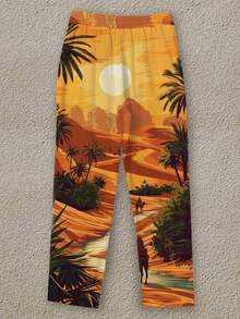 Men's Summer Casual Outdoor Sunset Graphic 3D Digital Print Drawstring Relaxed Fit Pants, Suitable For Holiday, Daily Casual, Beach