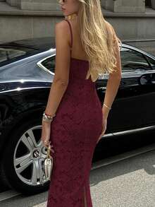 女士优雅性感蕾丝吊带修身长裙，适合度假、派对、晚宴、婚礼、春季等场合 - 酒紅色 - 查看 5