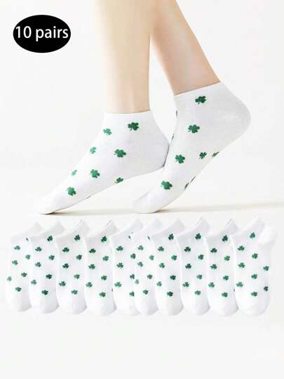 10 Pairs Basic Thin Socks, Clover Design, Moisture-Wicking & Odor-Resistant, Suitable For Spring & Summer