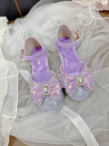 Scarpe con tacco alto e spesso per ragazze, con fiocco decorato con cristalli, luccicanti, adatte per principesse, occasioni di festa, multistag ione - Viola - Visualizzare 7