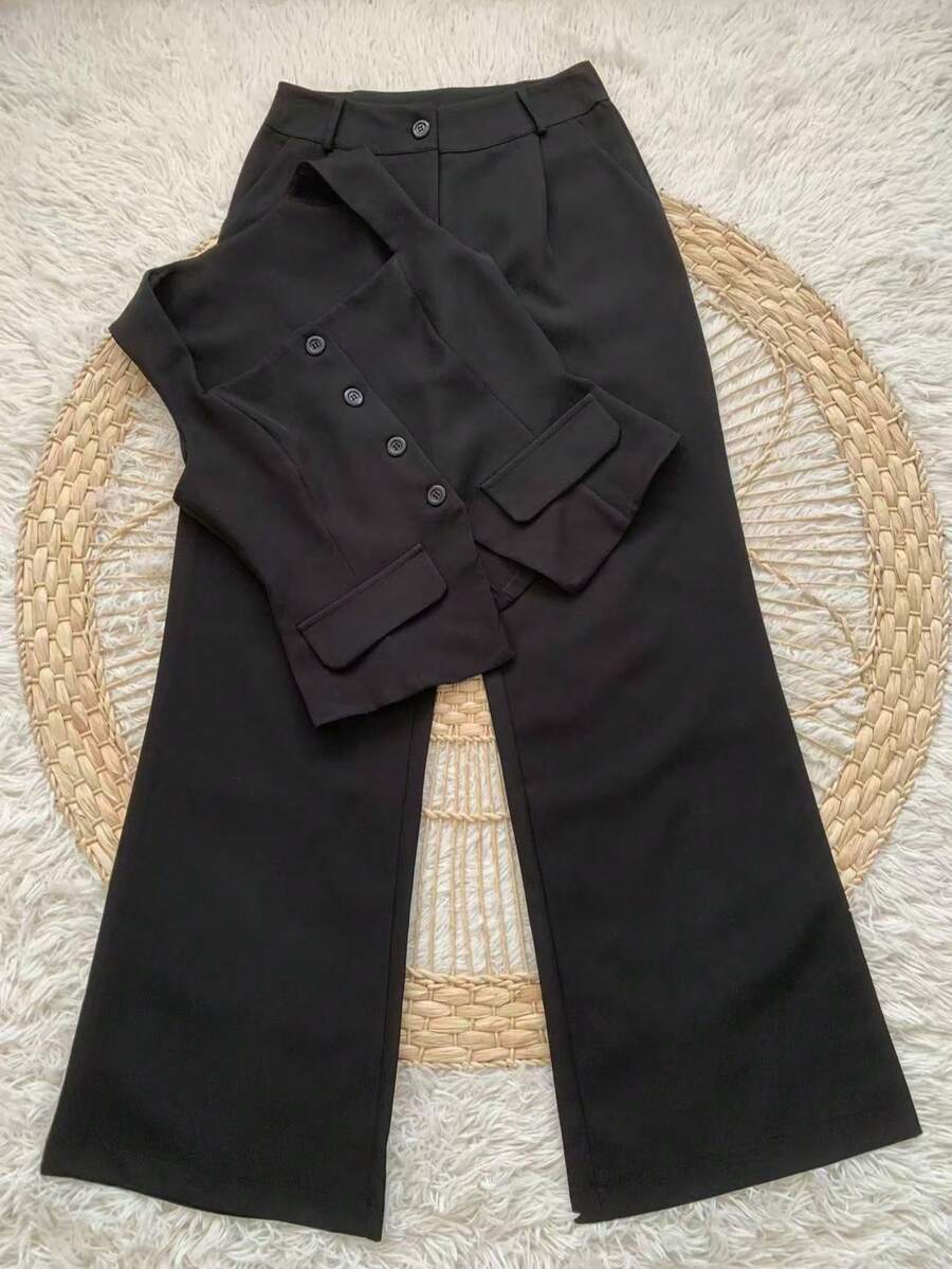 Formal Set Wide Leg Pants High Waist Pockets Tailoring Vest Buttons Simple Elegant Casual Pocket Zipper - 黑色 - 查看 1