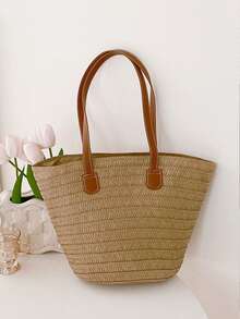 Yogodlns 女士编织篮手拿包顶部手柄包草编便携单肩包夏季沙滩派对钱包购物挎包女式大容量单肩包夏季编织篮手提包时尚沙滩包巴厘岛购物手提包腋下包