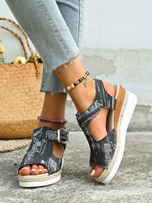 女士麻绳装饰厚底坡跟凉鞋，时尚夏日度假风黑色坡跟凉鞋，适合日常穿搭和各种场合