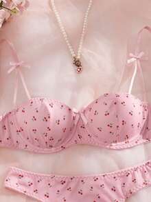 Women's Pink Fresh-Style Cherry Print Bow Lace Underwired Lingerie Set - Push-Up For Small Busts, INS-Friendly, Versatile For Daily Wear, Breathable, Comfortable & Soft Skin-Friendly Fabric - 粉色 - 查看 4