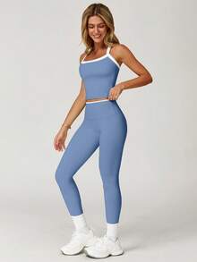 MASKERT 女士运动套装（背心和紧身裤），健身瑜伽服，紧身弹力运动服，舒适亲肤，适合运动和休闲穿着。 - 霧霾藍 - 查看 3