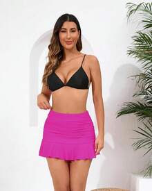 Halcurt Women's High Waisted Ruched Ruffle Swim Skirt With Shorts Tummy Control Tankini Swim Skort Bikini Swimsuit Bottoms - 粉色 - 查看 5