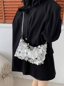 1件装绗缝拉链亮片手提包，夏季新款闪亮腋下包，大容量派对晚宴包，时尚链条单肩包，适合女性外出、度假、派对、宴会等场合 - 銀色 - 查看 6