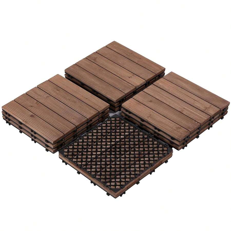 12 X 12'' Patio Deck Tiles Interlocking Wood Floor Tiles Indoor & Outdoor For Patio Garden Deck Poolside Pack Of 11 Tiles Brown - 巧克力棕 - 查看 1