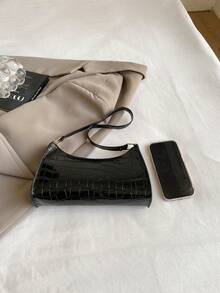 鳄鱼压纹韩版女士手提包，新款时尚单肩包，休闲简约通勤包，月牙造型 - 黑色 - 查看 5