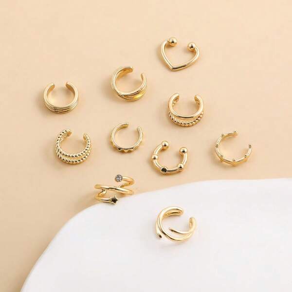 1 set de 10 piezas de pendientes con pinza de forma de C de moda y versátiles, de material de aleación sin necesidad de perforación