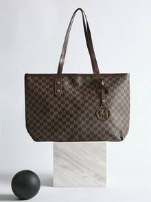 Un bolso de mano de gran capacidad con estampado de letras de moda para otoño e invierno. Apertura con cremallera, minimalista y ligero, con colgante de herraje. Adecuado para el uso diario casual, ir al trabajo y para estudiantes. Regalo de Navidad de invierno - Café integral - Ver 1