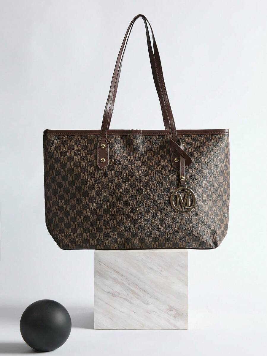 Un bolso de mano de gran capacidad con estampado de letras de moda para otoño e invierno. Apertura con cremallera, minimalista y ligero, con colgante de herraje. Adecuado para el uso diario casual, ir al trabajo y para estudiantes. Regalo de Navidad de invierno - Café integral - Ver 1